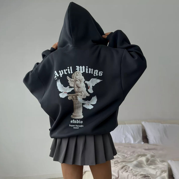 Damen oversized Kapuzenpullover mit Engels-Print und kunstvollem Rückendruck – Auréline