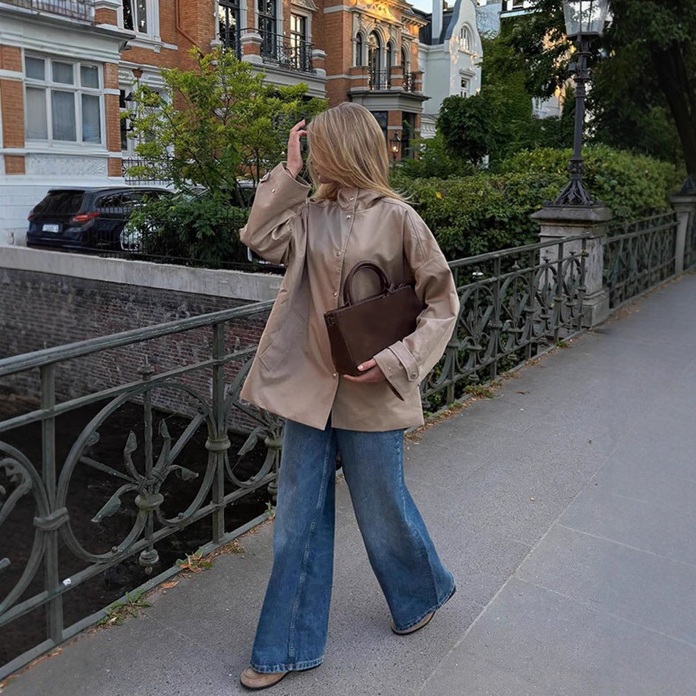 Damen Oversize Kurzmantel im Trench‑Look mit kastiger Silhouette und verdeckter Druckknopfleiste Echoarchiv