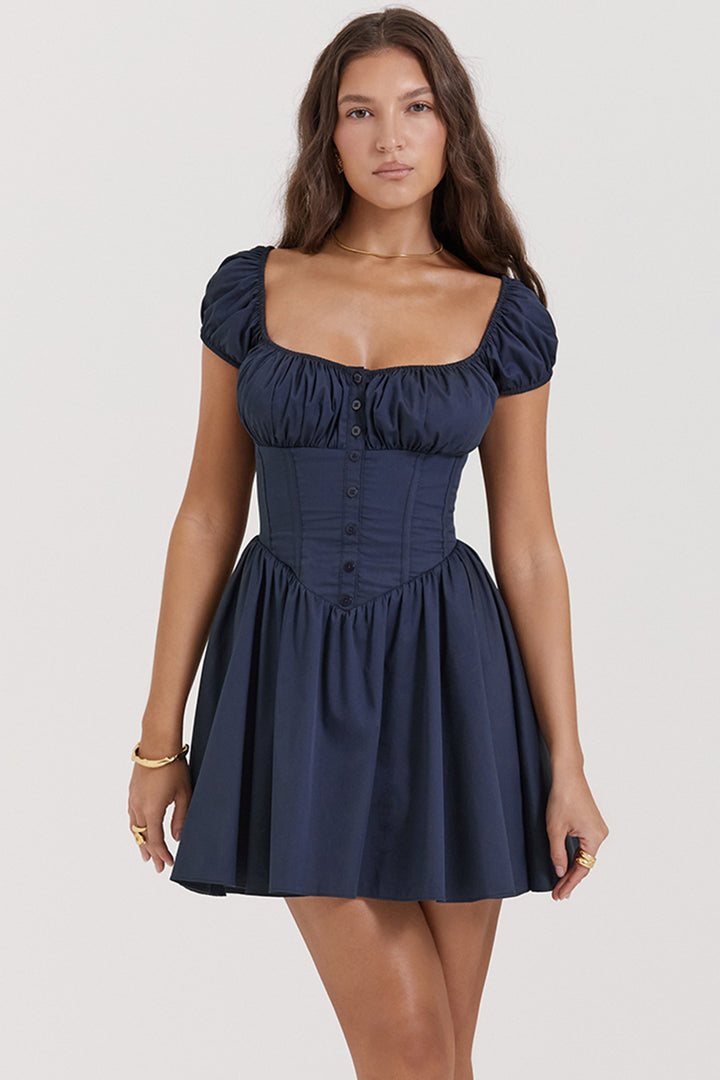 Damen kurzes Liebeserkundendes Kleid mit Puffärmeln und Knopfleiste Echo Archiv