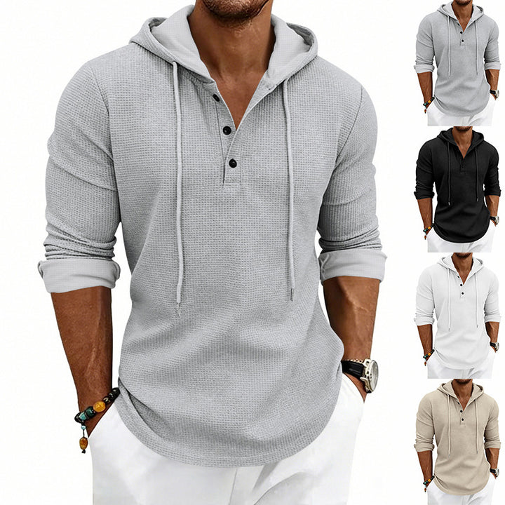Herren nan lässiges Waffelstrick-Henley Kapuzenpullover mit Knopfleiste Echo Archiv
