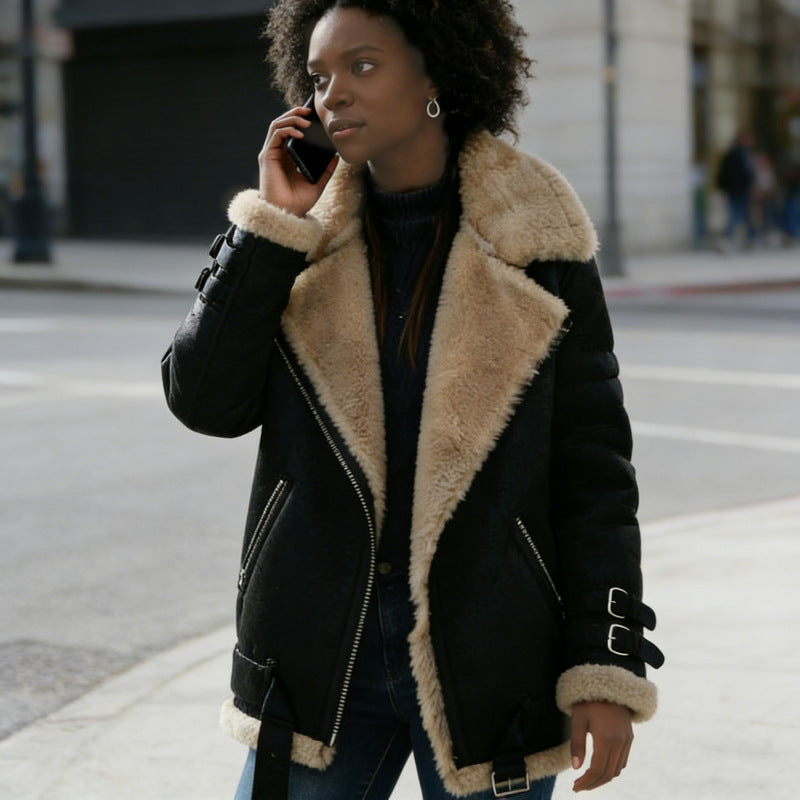 Damen nan flauschige Bikerjacke mit Teddyfutter und Schnallenbesatz Echo Archiv