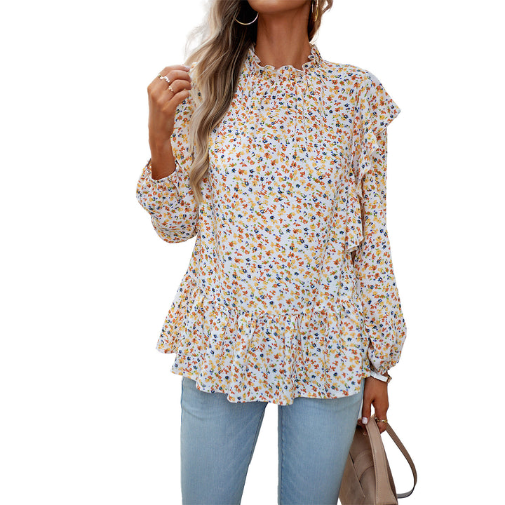 Damen geblümte Chiffon-Bluse mit gerafftem Stehkragen, Volant-Schultern und tailliertem Stufen-Saum – Élovi