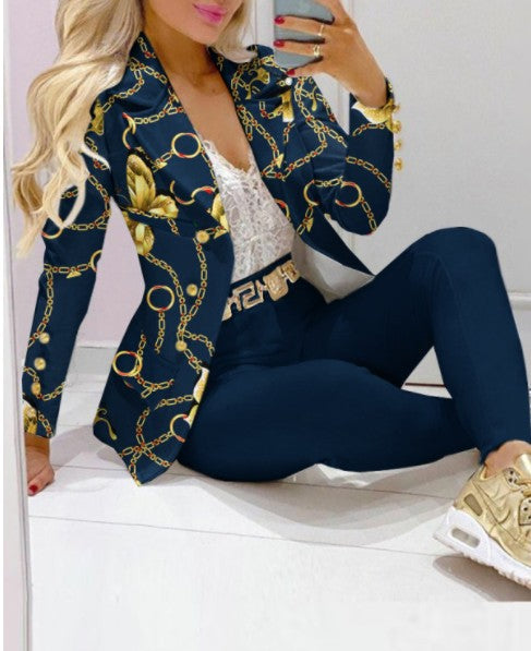 Damen Zweiteiliges Blazer-und-Hose-Set mit Schmetterlingsprint und glamourösem Glitzereffekt – Valéne