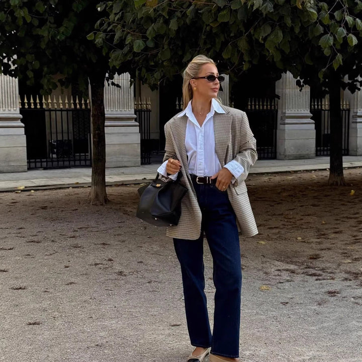 Damen Oversize-Kariertes Sakko mit Reverskragen und Pattentaschen Echoarchiv