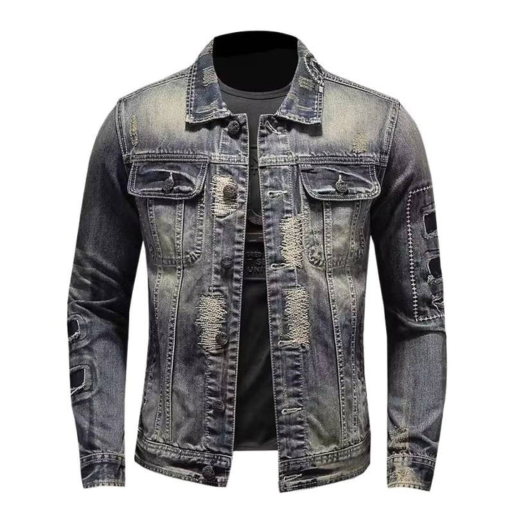 Herren Vintage-Jeansjacke mit Used-Effekten, Destroyed-Details und aufgesetzten Brusttaschen Echoarchiv