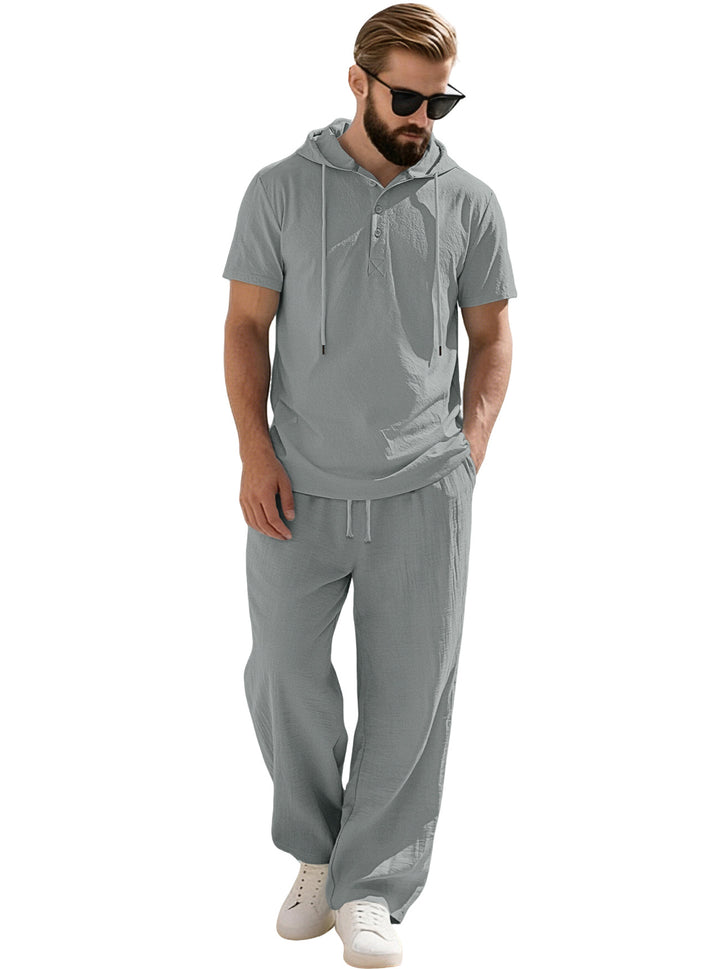 Herren nan lässiges Kurzarm-Kapuzenshirt im gekreppten Baumwollmix mit Henley-Knopfleiste Echo Archiv