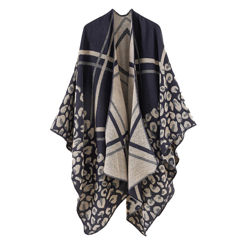 Damen Oversize-Ruana-Poncho mit Jacquardmix, Leoparden- und Karomuster Echo Archiv