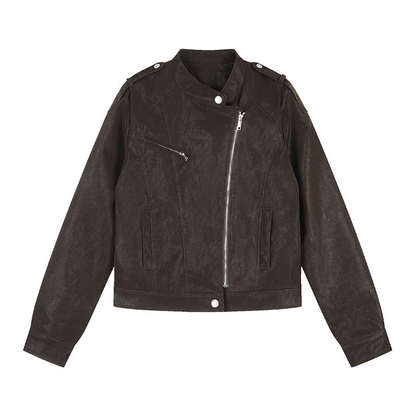 Damen Kurz geschnittene Bikerjacke aus Kunstleder mit asymmetrischem Reißverschluss Echoarchiv