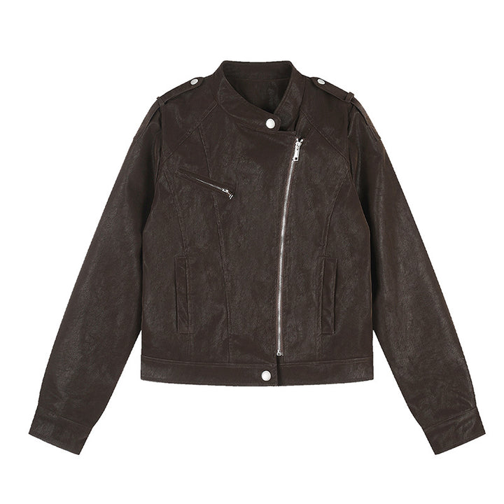 Damen Kurz geschnittene Bikerjacke aus Kunstleder mit asymmetrischem Reißverschluss Echoarchiv