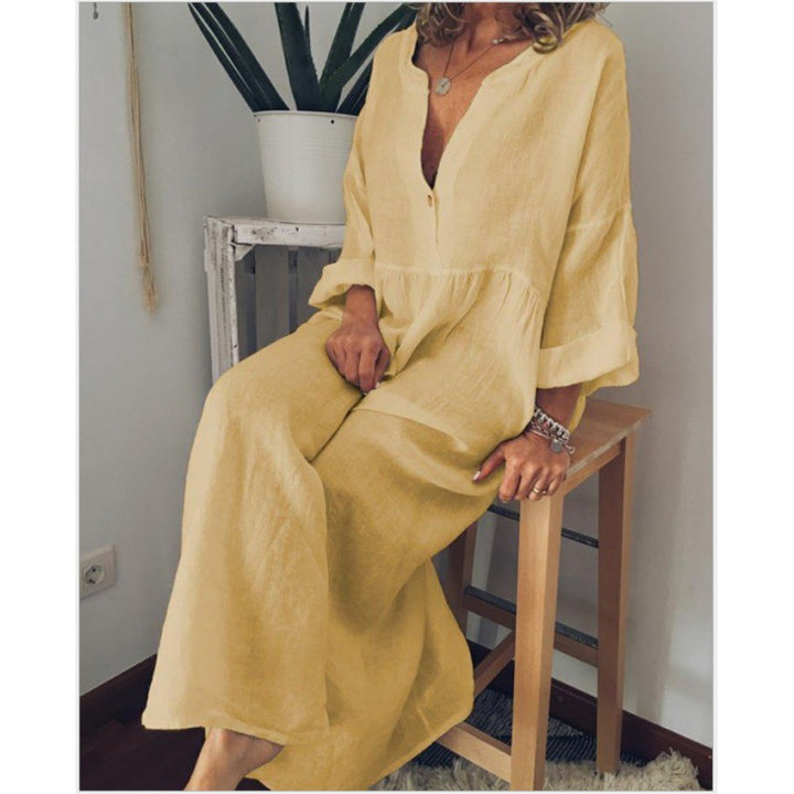 Damen Langes Leinen-Maxikleid mit V-Ausschnitt, geraffter Taille und 3/4-Ärmeln – Valéora