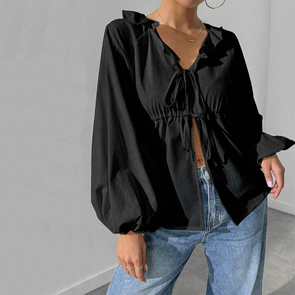 Damen lässige Rüschenbluse mit V‑Ausschnitt, Bindebändern und weiten Ballonärmeln – Élovi