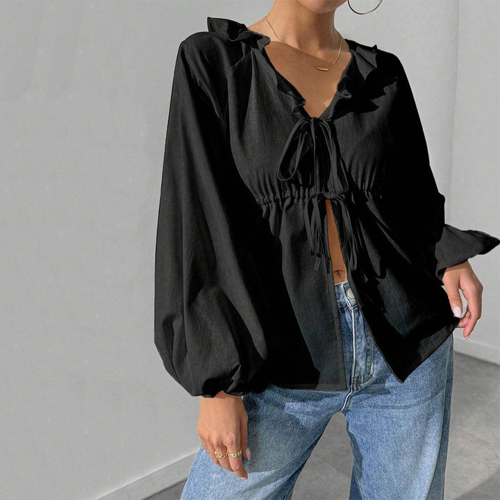 Damen lässige Rüschenbluse mit V‑Ausschnitt, Bindebändern und weiten Ballonärmeln – Élovi