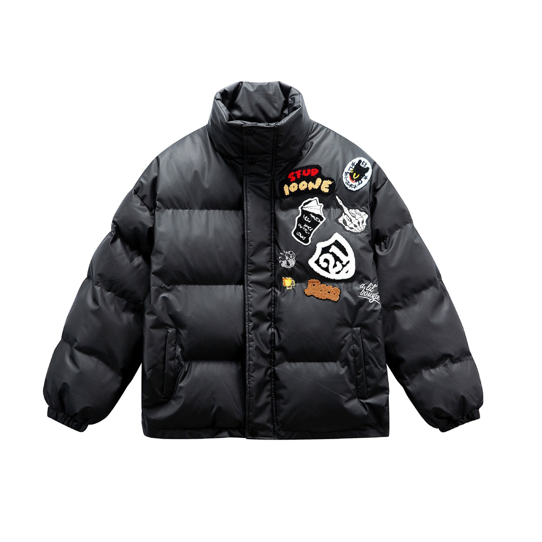 Unisex Boxy wattierte Oversize-Pufferjacke mit Stehkragen und Statement-Patchdetails Echoarchiv