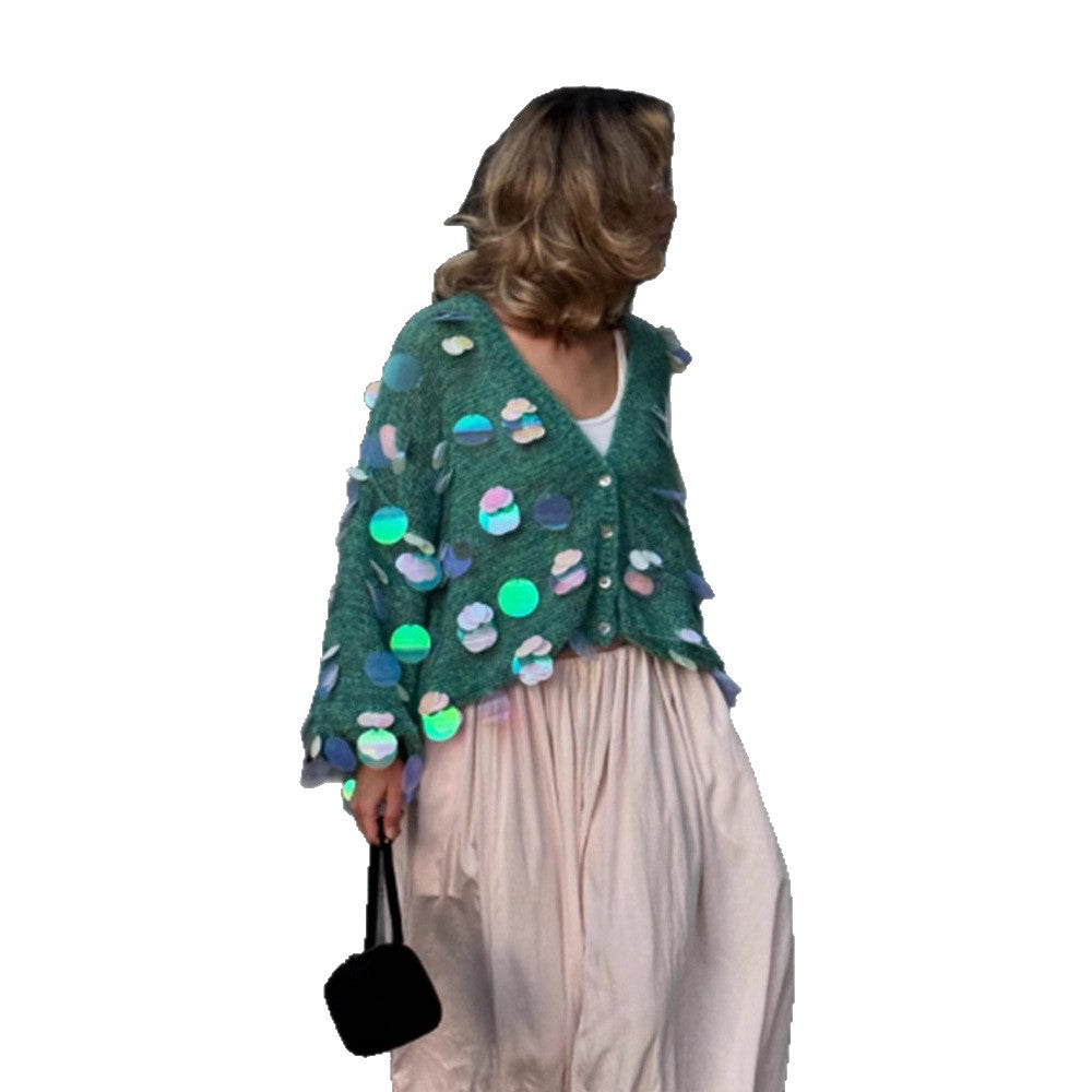 Damen Grobgestrickter Mohair-Cardigan mit übergroßen Pailletten und kastiger Silhouette Echoarchiv