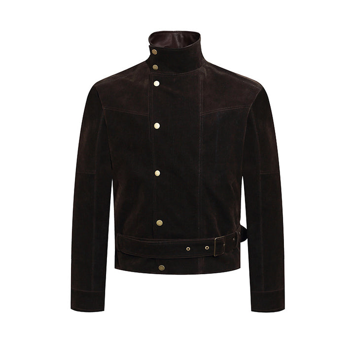 Herren Wildleder-Bikerjacke mit Stehkragen, Druckknopffront und Taillengürtel Echoarchiv
