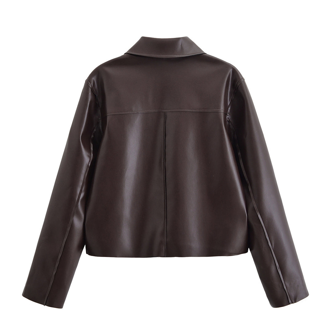 Damen Kurze Boxy-Lederoptikjacke mit Pattentaschen und Hemdkragen Echo Archiv