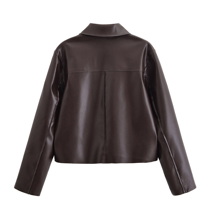 Damen Kurze Boxy-Lederoptikjacke mit Pattentaschen und Hemdkragen Echo Archiv