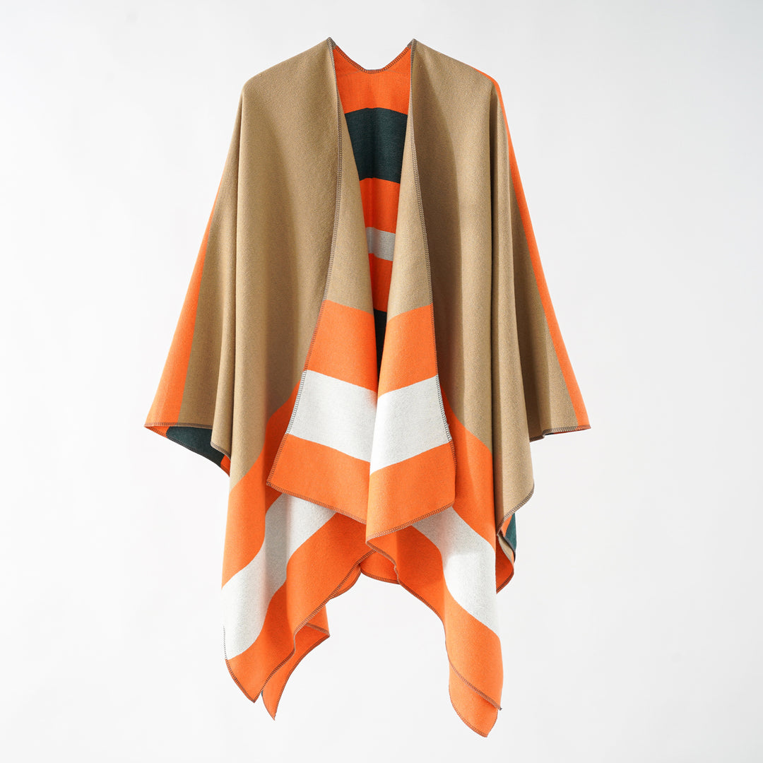 Damen Oversize-Ruana im Cape‑Stil aus Wolloptik mit geometrischen Blockstreifen Echo Archiv