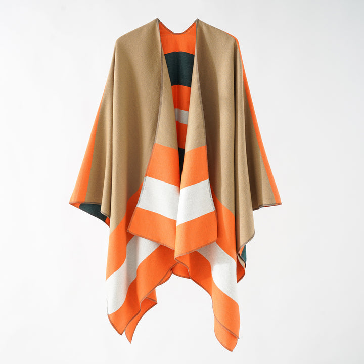Damen Oversize-Ruana im Cape‑Stil aus Wolloptik mit geometrischen Blockstreifen Echo Archiv