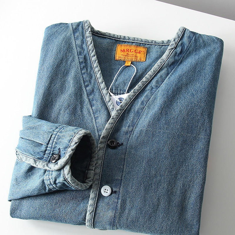 Herren Leichtes Jeans-Sakko im Overshirt-Stil mit V‑Ausschnitt und aufgesetzten Taschen Echoarchiv