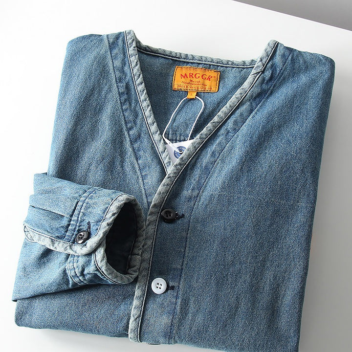 Herren Leichtes Jeans-Sakko im Overshirt-Stil mit V‑Ausschnitt und aufgesetzten Taschen Echoarchiv