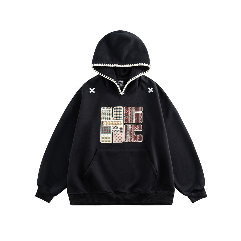 Unisex Weit geschnittener Kapuzenpullover mit Patchwork-Applikation und Kängurutasche Echoarchiv