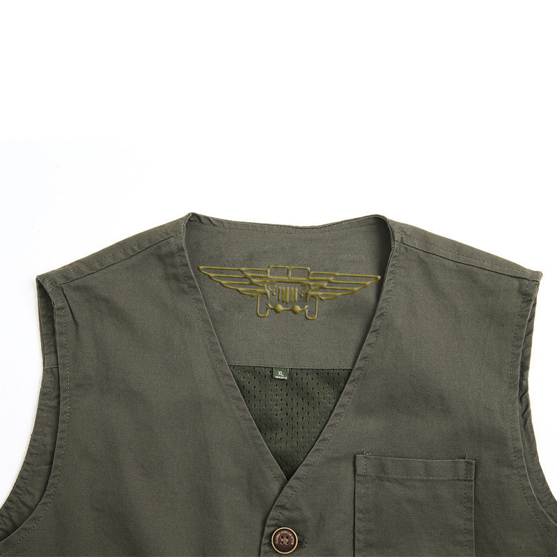 Unisex Canvas-Utility-Weste mit gestreiftem Innenfutter, aufgesetzten Taschen und Knopfverschluss – Marzano