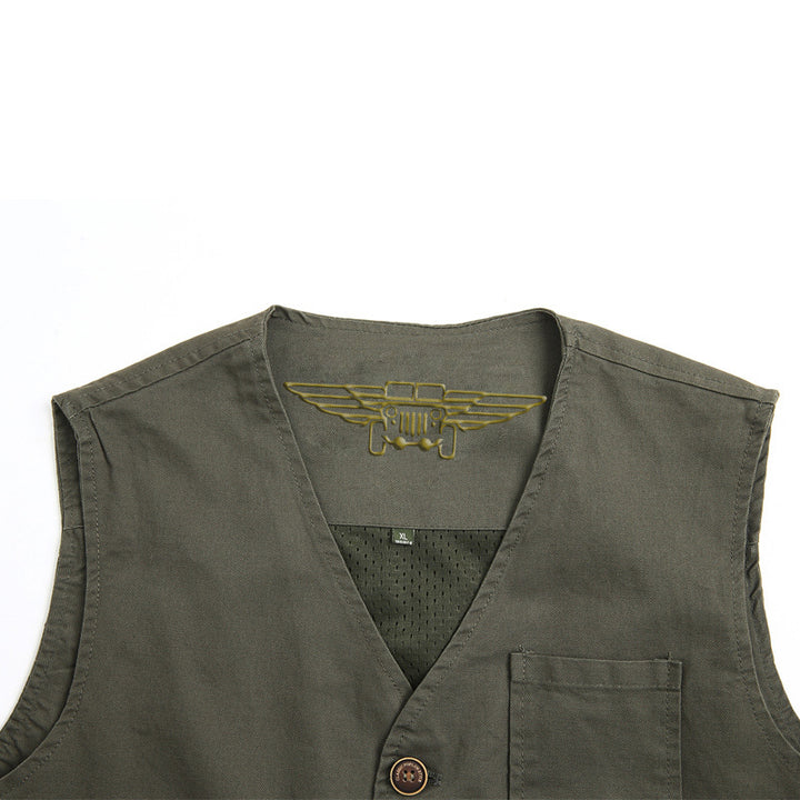 Unisex Canvas-Utility-Weste mit gestreiftem Innenfutter, aufgesetzten Taschen und Knopfverschluss – Marzano
