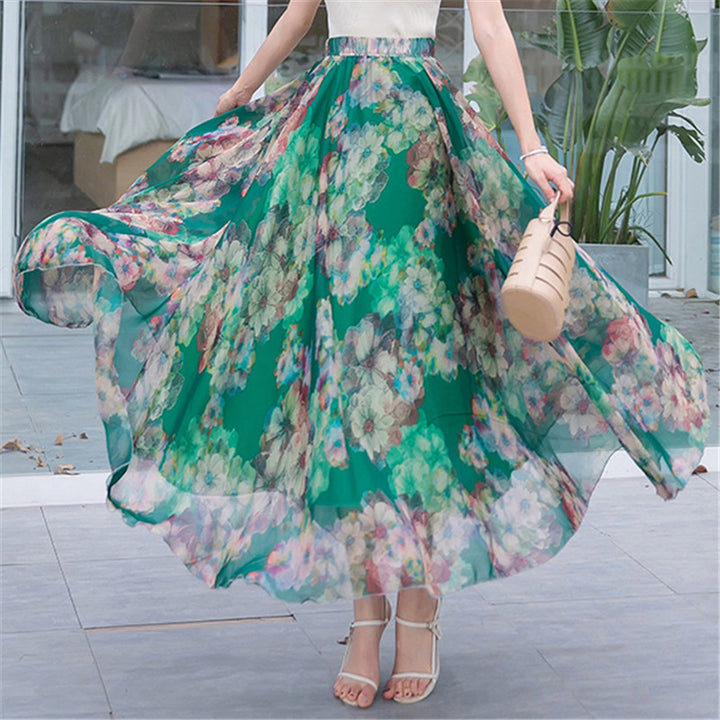 Damen nan lange plissierte Maxirock mit floralem Sommerprint und elastischem Bund Echo Archiv
