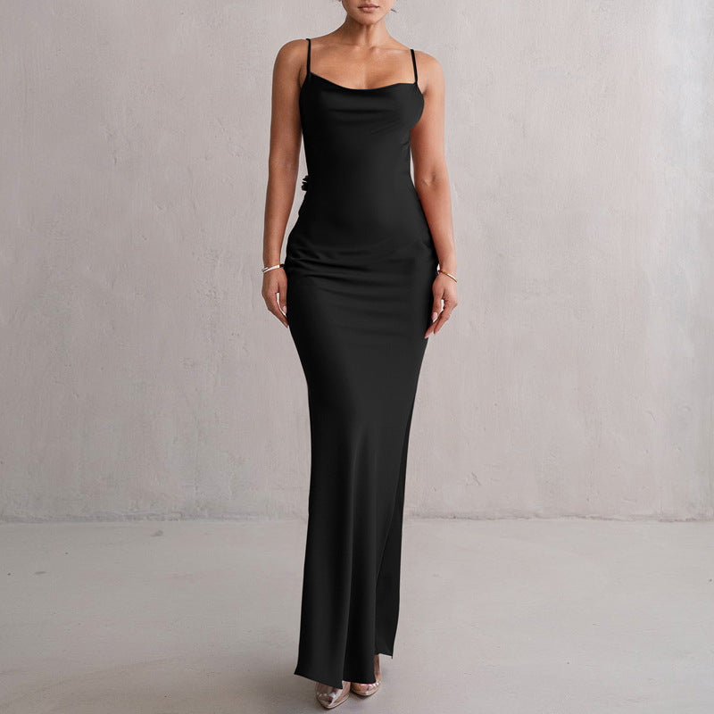 Damen Satin Maxikleid mit zarten Trägern und eleganter Drapierung Echo Archiv