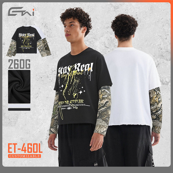 Herren Lagen-Langarm-T-Shirt mit Camouflage-Innensärmeln und Gothic-Print Echo Archiv