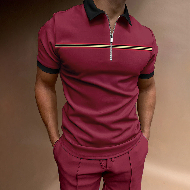 Herren lässiges Kurzarmpoloshirt mit Reißverschluss und sportlichem Streifenmuster Echoarchiv