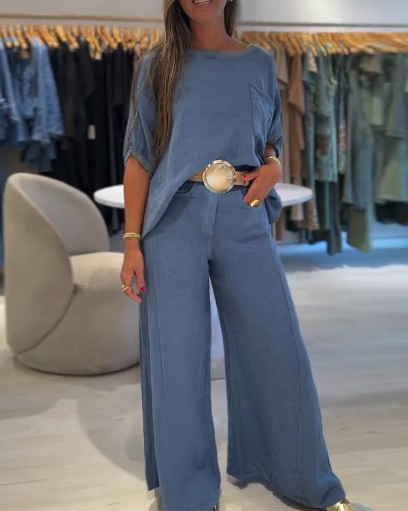 Damen nan Leinenmix-Zweiteiler mit kastigem Oversize-Shirt, Brusttasche und weiter Palazzohose Echo Archiv