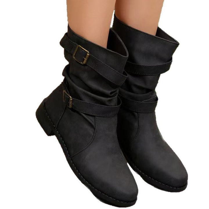 Damen Lässige Slouch-Stiefel mit verstellbaren Zierschnallen, flacher Profilsohle und weichem Kunstleder Echo Archiv