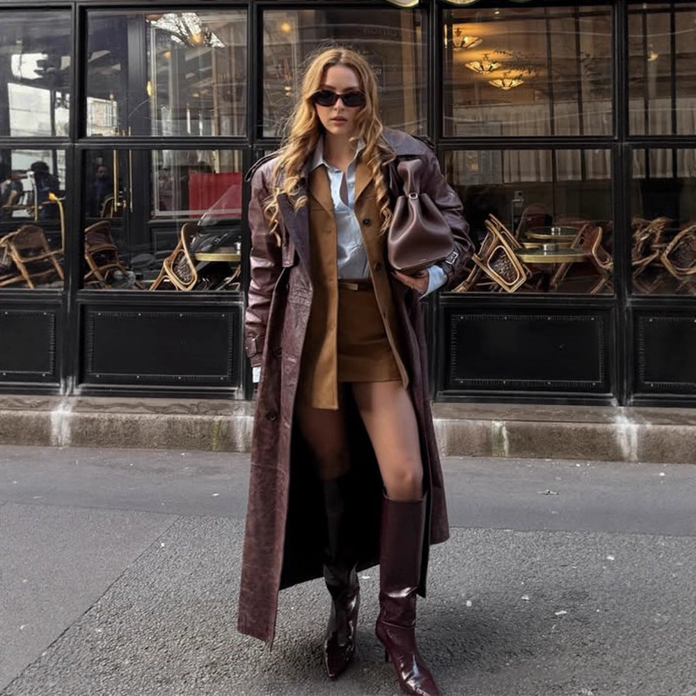 Damen Langer Trenchcoat aus Lederimitat mit Oversize-Schultern und taillierter Silhouette Echoarchiv