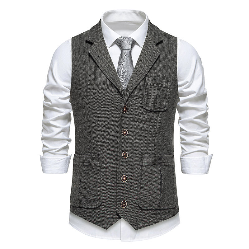Herren Tweed‑Weste mit Fischgrätmuster, Reverskragen und aufgesetzten Taschen Echo Archiv