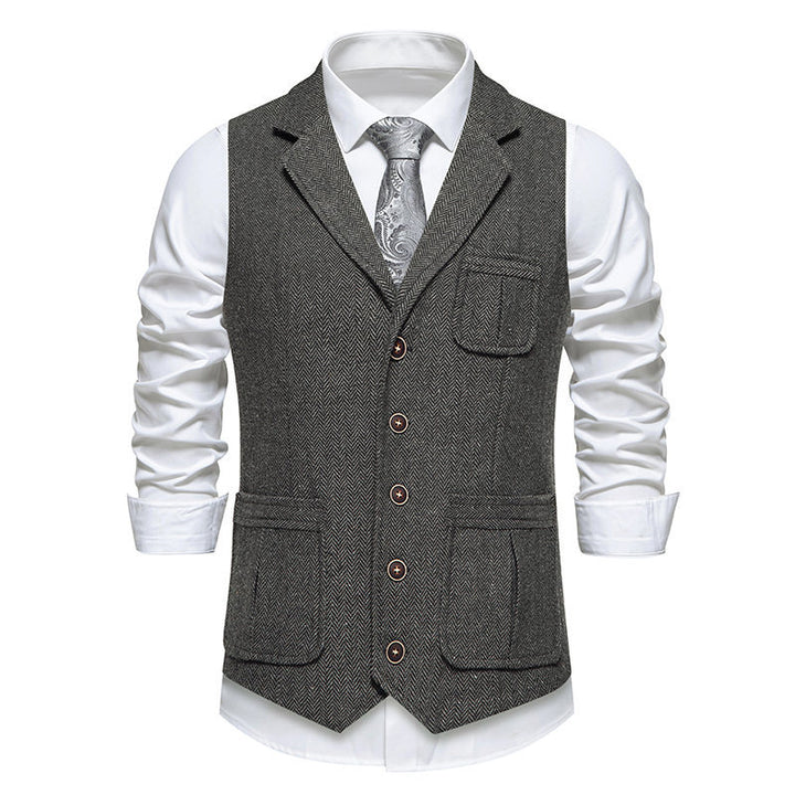 Herren Tweed‑Weste mit Fischgrätmuster, Reverskragen und aufgesetzten Taschen Echo Archiv