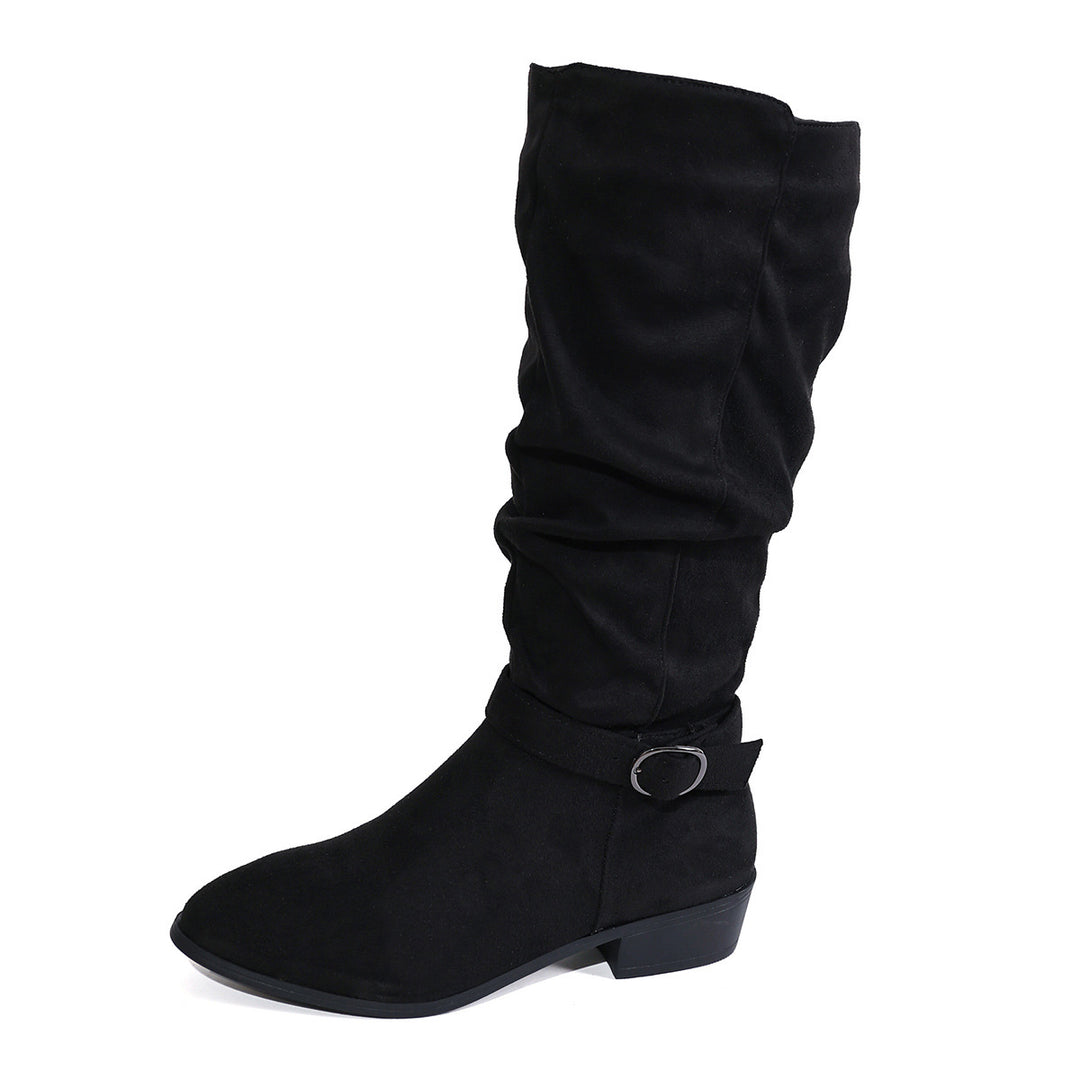 Damen kniehoher Slouch-Stiefel aus weichem Microvelours mit Ziergurt und niedrigem Blockabsatz Echo Archiv
