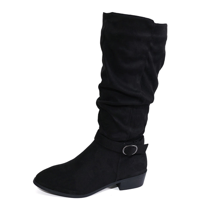 Damen kniehoher Slouch-Stiefel aus weichem Microvelours mit Ziergurt und niedrigem Blockabsatz Echo Archiv