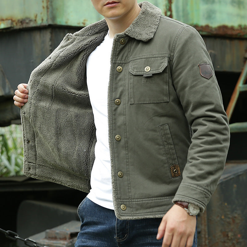 Herren Sherpagefütterte Canvas‑Truckerjacke mit Teddyfutter und Hemdkragen Echoarchiv