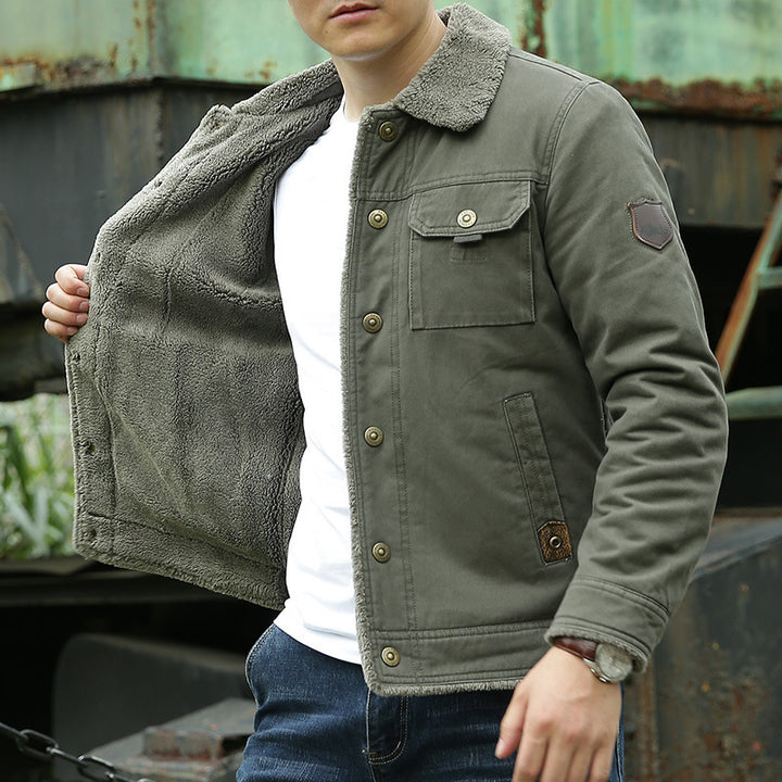 Herren Sherpagefütterte Canvas‑Truckerjacke mit Teddyfutter und Hemdkragen Echoarchiv