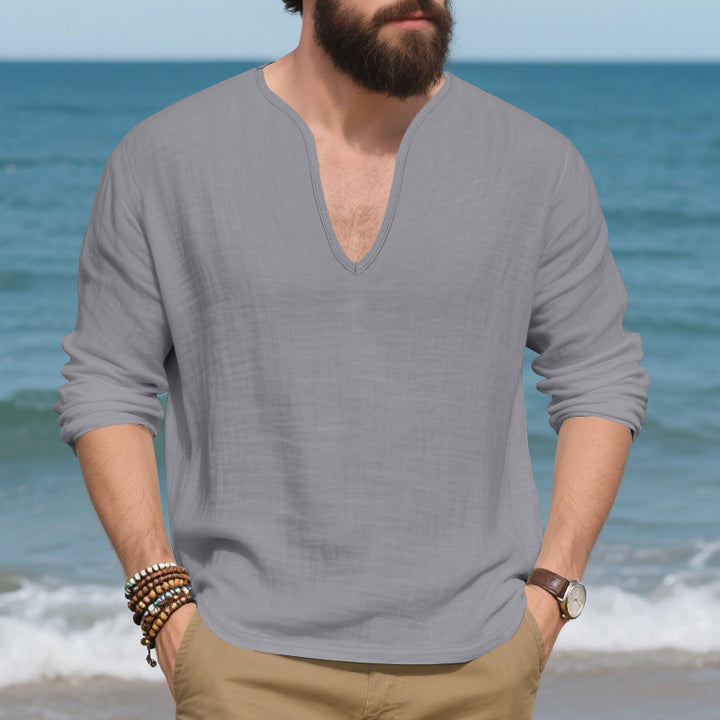 Herren lässiges Langarmshirt mit V-Ausschnitt aus atmungsaktiver Baumwolle Echoarchiv