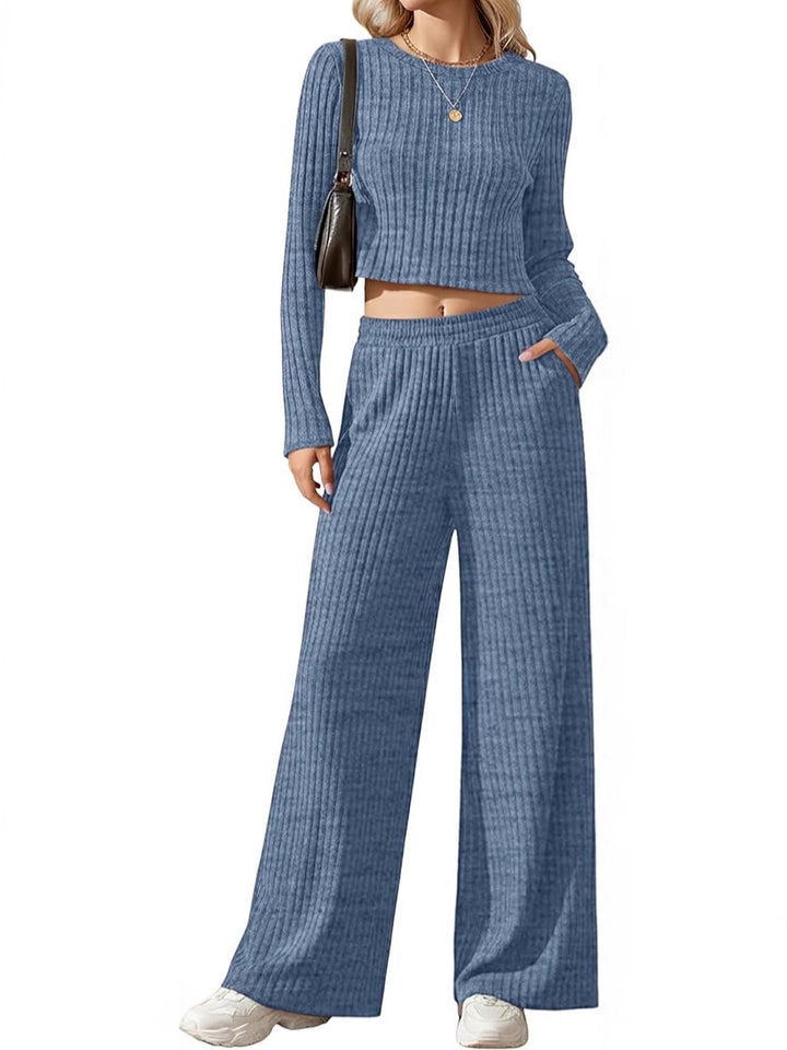 Damen Geripptes Feinstrick-Lounge-Set mit Cropped Langarmtop und High-Waist Palazzohose Echoarchiv