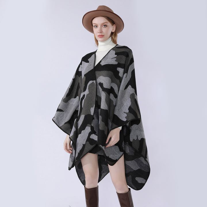 Damen Oversize-Cape mit Camouflage-Jacquard, offener Kimono-Fall und Ziernaht – Célinea
