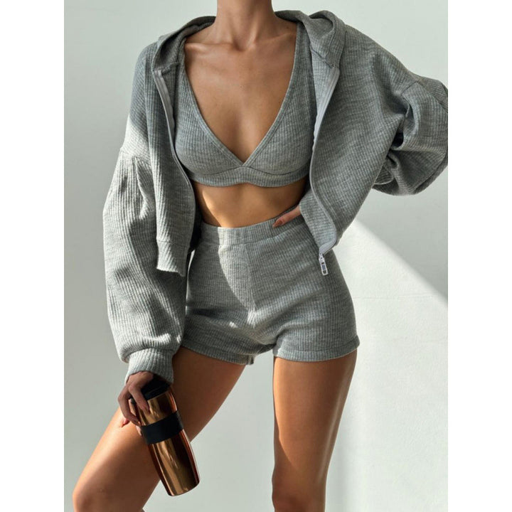 Damen nan kurzes geripptes Lounge-Set mit Kapuzen-Zipjacke und Highwaist-Shorts Echo Archiv