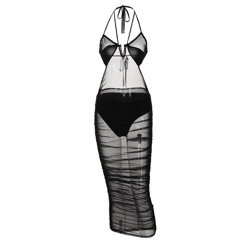 Damen Transparente Bodycon Maxikleid mit tiefem Ausschnitt und verspielten Trägern Echo Archiv
