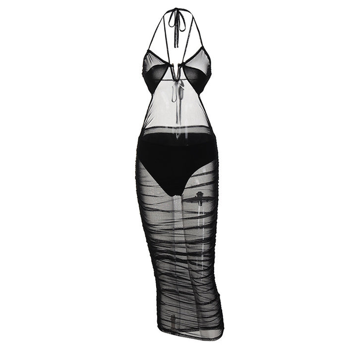 Damen Transparente Bodycon Maxikleid mit tiefem Ausschnitt und verspielten Trägern Echo Archiv