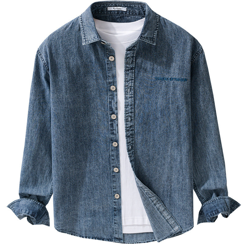 Herren entspanntes Denim-Overshirt mit Knopfleiste und Bruststickerei Echoarchiv