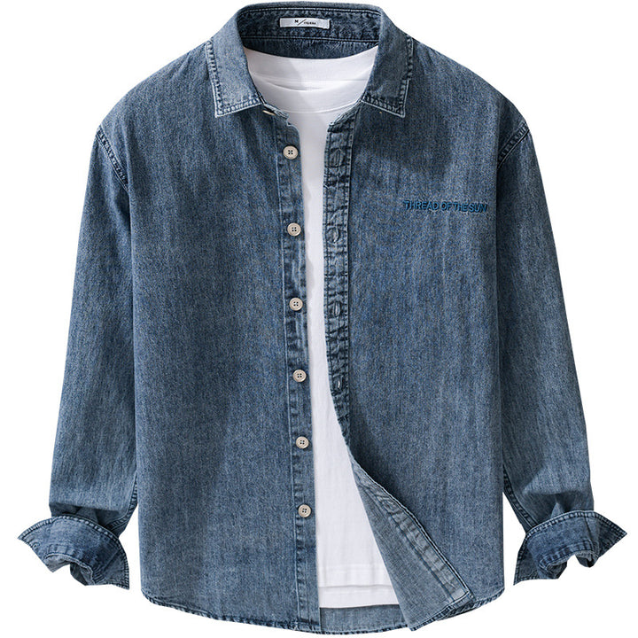 Herren entspanntes Denim-Overshirt mit Knopfleiste und Bruststickerei Echoarchiv