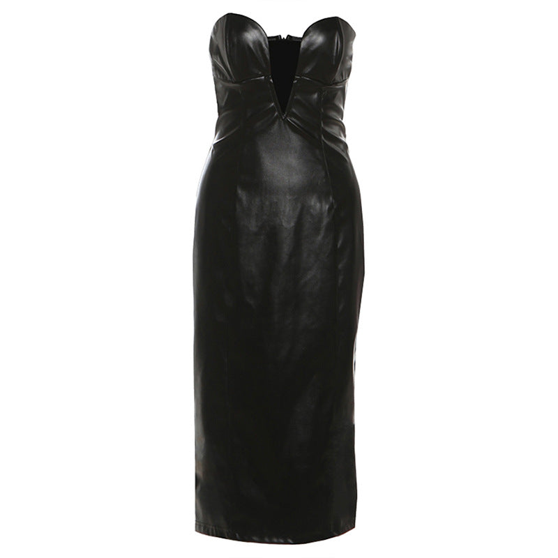 Damen figurbetontes Lederkleid mit herzförmigem Ausschnitt und eleganten Raffungselementen Echo Archiv